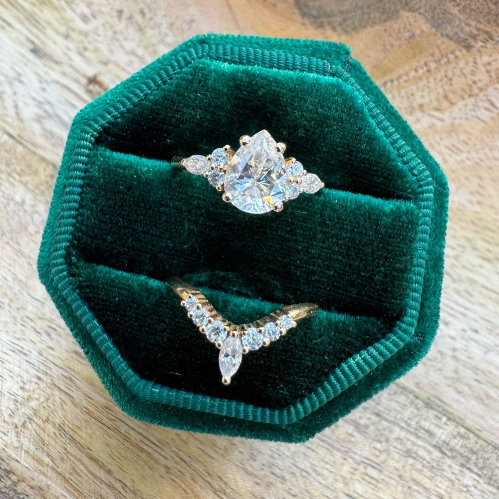 Moissanite Pear engagement ring and wedding band set 1.75 TW 14K yellow gold